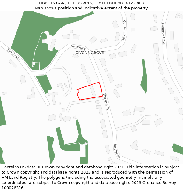 TIBBETS OAK, THE DOWNS, LEATHERHEAD, KT22 8LD: Location map and indicative extent of plot