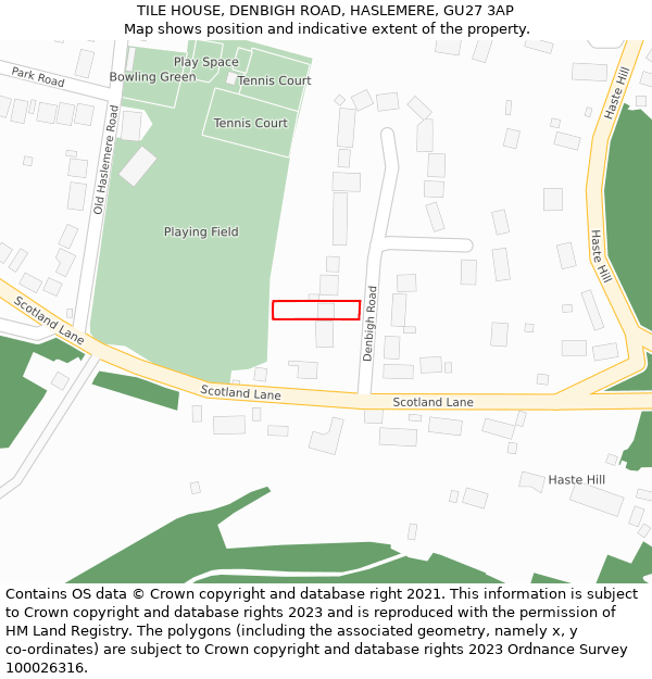 TILE HOUSE, DENBIGH ROAD, HASLEMERE, GU27 3AP: Location map and indicative extent of plot