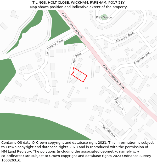 TILINGS, HOLT CLOSE, WICKHAM, FAREHAM, PO17 5EY: Location map and indicative extent of plot