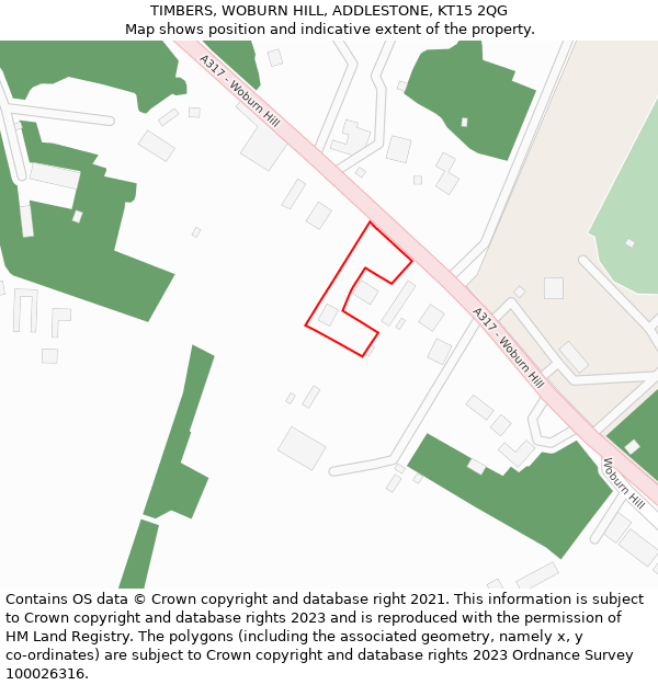 TIMBERS, WOBURN HILL, ADDLESTONE, KT15 2QG: Location map and indicative extent of plot