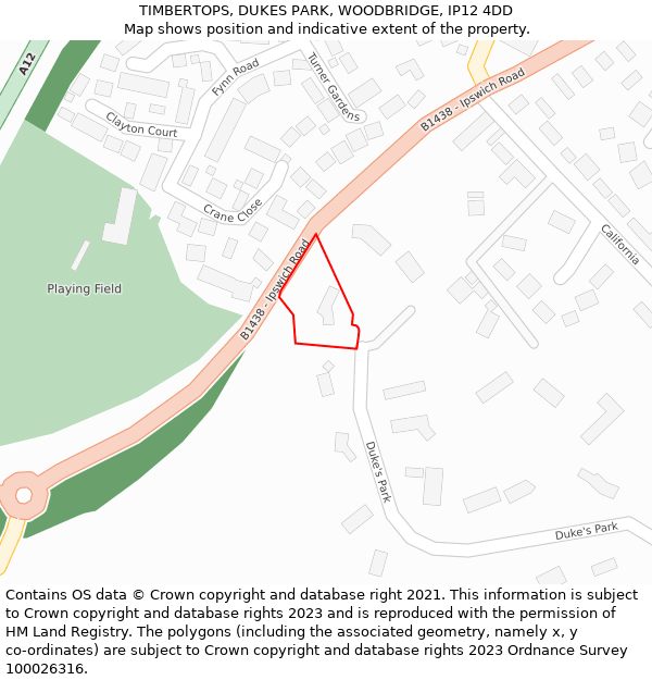 TIMBERTOPS, DUKES PARK, WOODBRIDGE, IP12 4DD: Location map and indicative extent of plot