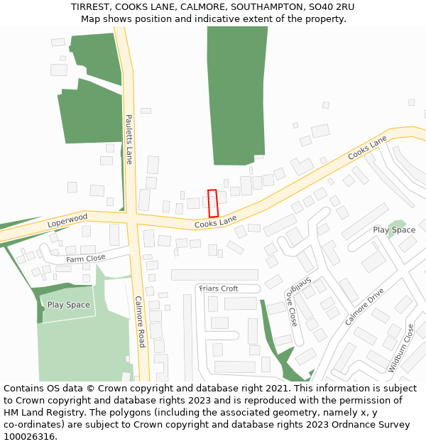 TIRREST, COOKS LANE, CALMORE, SOUTHAMPTON, SO40 2RU: Location map and indicative extent of plot