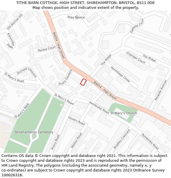 TITHE BARN COTTAGE, HIGH STREET, SHIREHAMPTON, BRISTOL, BS11 0DE: Location map and indicative extent of plot