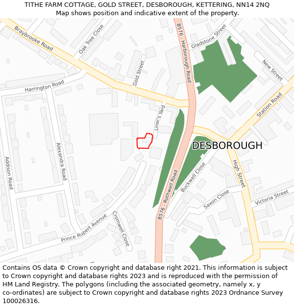TITHE FARM COTTAGE, GOLD STREET, DESBOROUGH, KETTERING, NN14 2NQ: Location map and indicative extent of plot