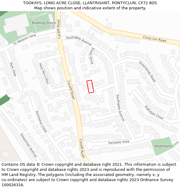 TOOKAYS, LONG ACRE CLOSE, LLANTRISANT, PONTYCLUN, CF72 8DS: Location map and indicative extent of plot