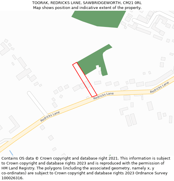 TOORAK, REDRICKS LANE, SAWBRIDGEWORTH, CM21 0RL: Location map and indicative extent of plot