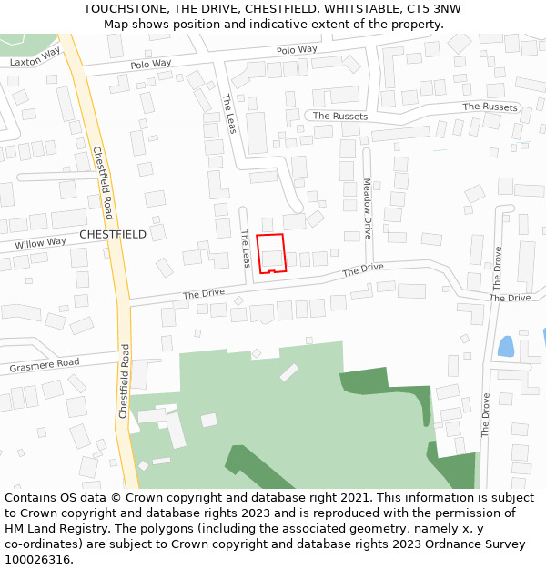 TOUCHSTONE, THE DRIVE, CHESTFIELD, WHITSTABLE, CT5 3NW: Location map and indicative extent of plot