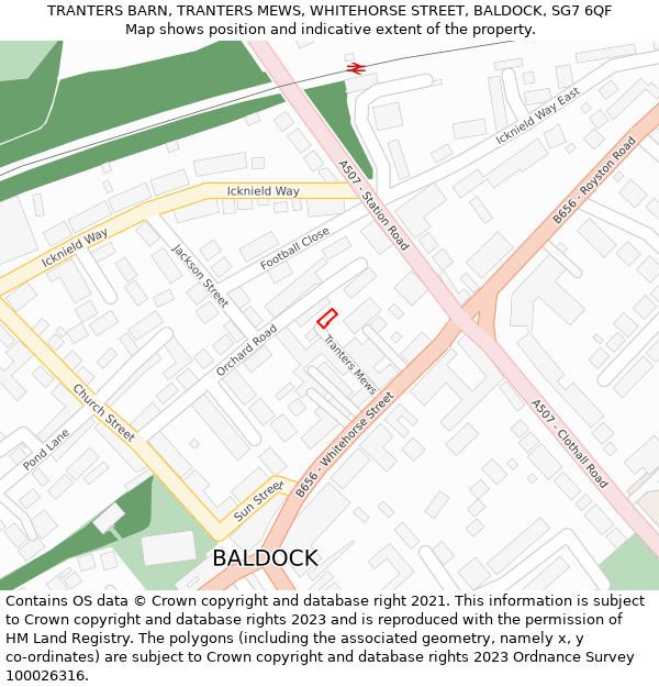 TRANTERS BARN, TRANTERS MEWS, WHITEHORSE STREET, BALDOCK, SG7 6QF: Location map and indicative extent of plot