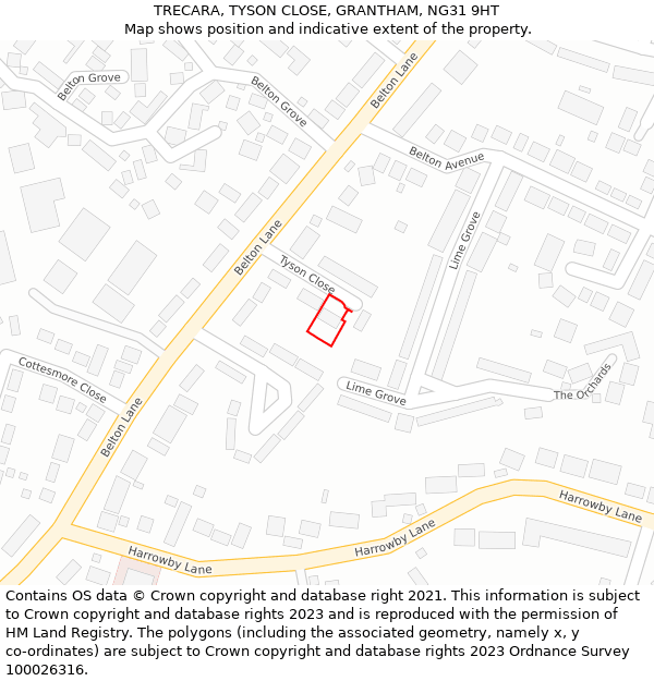 TRECARA, TYSON CLOSE, GRANTHAM, NG31 9HT: Location map and indicative extent of plot