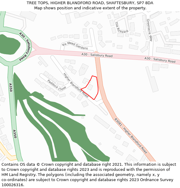 TREE TOPS, HIGHER BLANDFORD ROAD, SHAFTESBURY, SP7 8DA: Location map and indicative extent of plot
