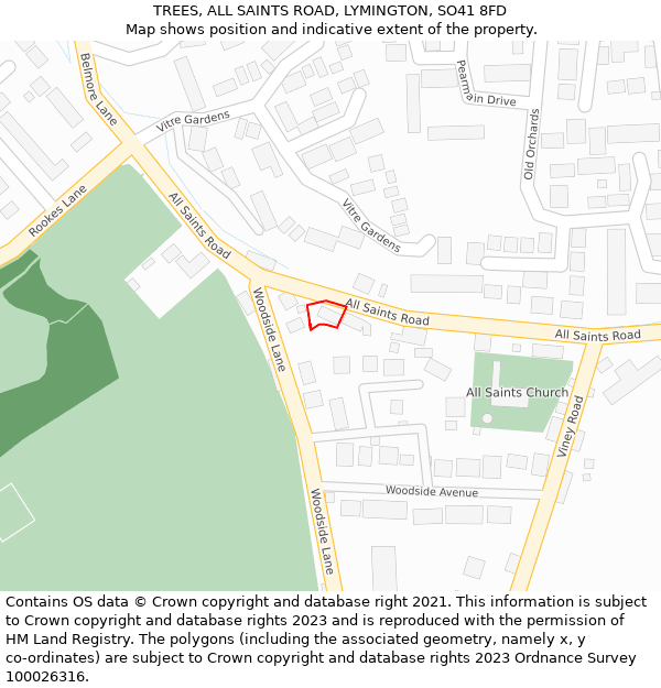 TREES, ALL SAINTS ROAD, LYMINGTON, SO41 8FD: Location map and indicative extent of plot