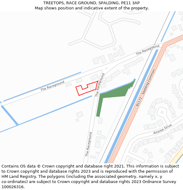 TREETOPS, RACE GROUND, SPALDING, PE11 3AP: Location map and indicative extent of plot