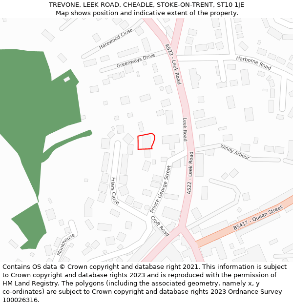 TREVONE, LEEK ROAD, CHEADLE, STOKE-ON-TRENT, ST10 1JE: Location map and indicative extent of plot