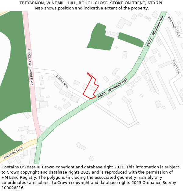 TREYARNON, WINDMILL HILL, ROUGH CLOSE, STOKE-ON-TRENT, ST3 7PL: Location map and indicative extent of plot