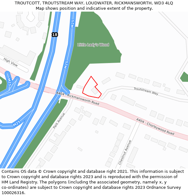 TROUTCOTT, TROUTSTREAM WAY, LOUDWATER, RICKMANSWORTH, WD3 4LQ: Location map and indicative extent of plot