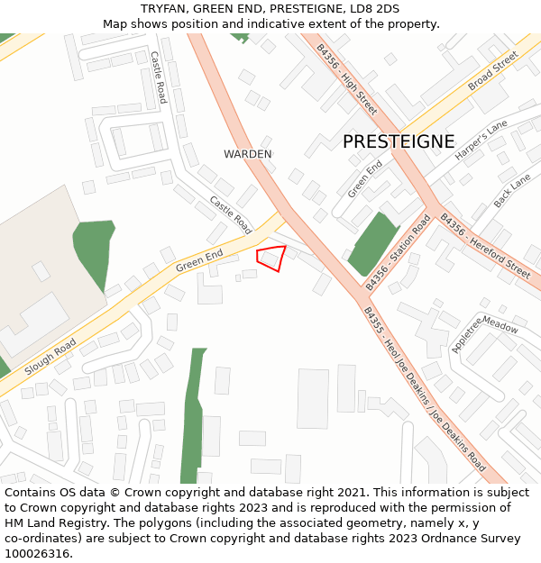 TRYFAN, GREEN END, PRESTEIGNE, LD8 2DS: Location map and indicative extent of plot