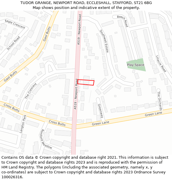 TUDOR GRANGE, NEWPORT ROAD, ECCLESHALL, STAFFORD, ST21 6BG: Location map and indicative extent of plot