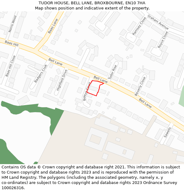 TUDOR HOUSE, BELL LANE, BROXBOURNE, EN10 7HA: Location map and indicative extent of plot