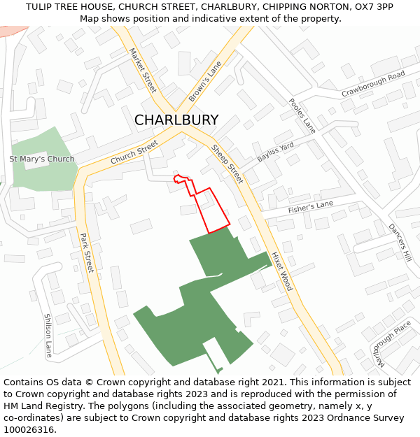 TULIP TREE HOUSE, CHURCH STREET, CHARLBURY, CHIPPING NORTON, OX7 3PP: Location map and indicative extent of plot