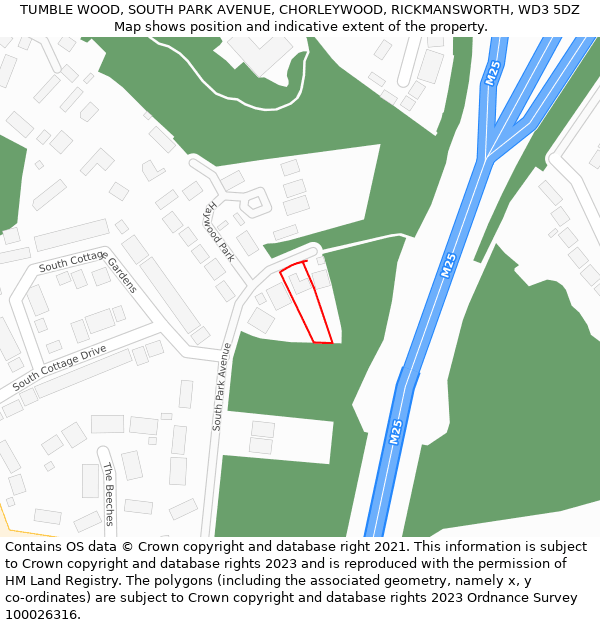 TUMBLE WOOD, SOUTH PARK AVENUE, CHORLEYWOOD, RICKMANSWORTH, WD3 5DZ: Location map and indicative extent of plot