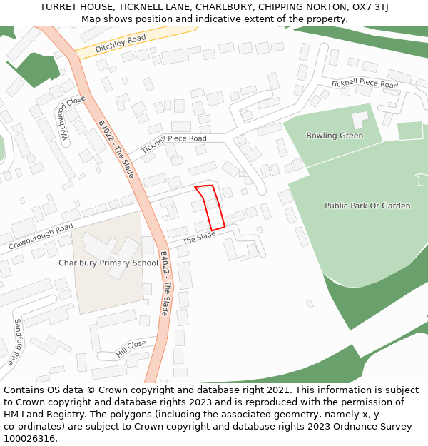 TURRET HOUSE, TICKNELL LANE, CHARLBURY, CHIPPING NORTON, OX7 3TJ: Location map and indicative extent of plot