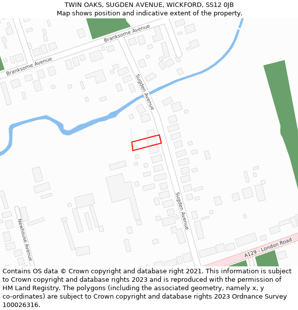 TWIN OAKS, SUGDEN AVENUE, WICKFORD, SS12 0JB: Location map and indicative extent of plot