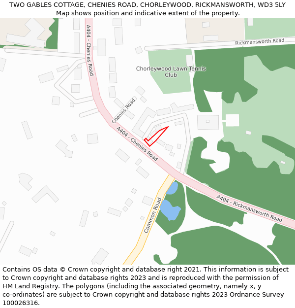 TWO GABLES COTTAGE, CHENIES ROAD, CHORLEYWOOD, RICKMANSWORTH, WD3 5LY: Location map and indicative extent of plot