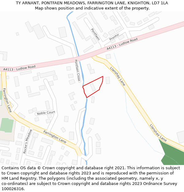 TY ARNANT, PONTFAEN MEADOWS, FARRINGTON LANE, KNIGHTON, LD7 1LA: Location map and indicative extent of plot