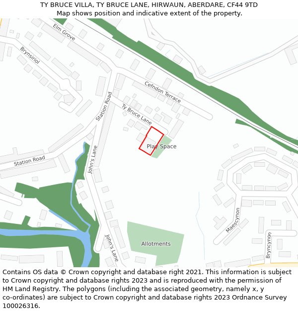 TY BRUCE VILLA, TY BRUCE LANE, HIRWAUN, ABERDARE, CF44 9TD: Location map and indicative extent of plot