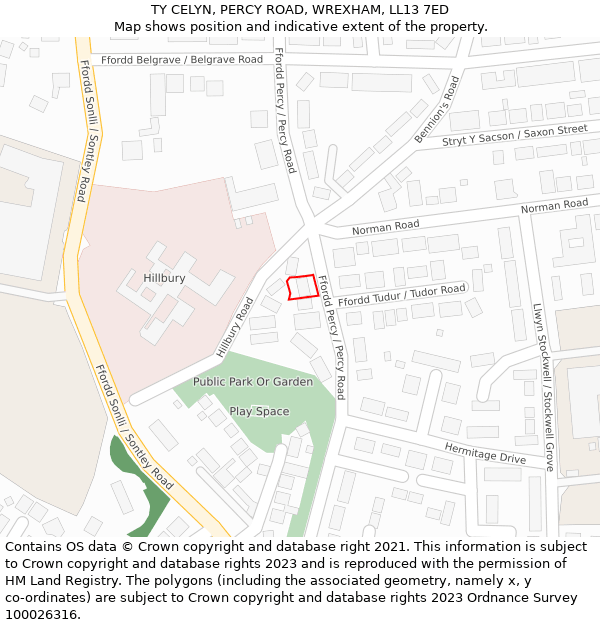 TY CELYN, PERCY ROAD, WREXHAM, LL13 7ED: Location map and indicative extent of plot