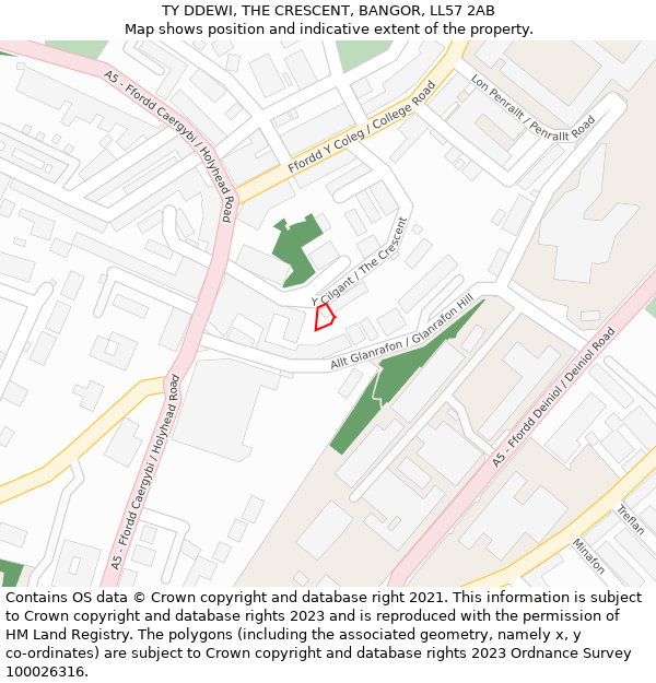 TY DDEWI, THE CRESCENT, BANGOR, LL57 2AB: Location map and indicative extent of plot