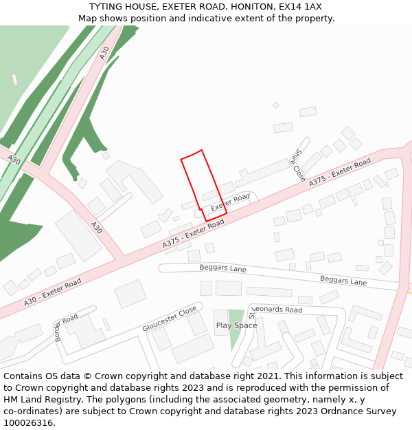 TYTING HOUSE, EXETER ROAD, HONITON, EX14 1AX: Location map and indicative extent of plot