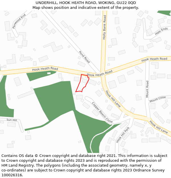 UNDERHILL, HOOK HEATH ROAD, WOKING, GU22 0QD: Location map and indicative extent of plot