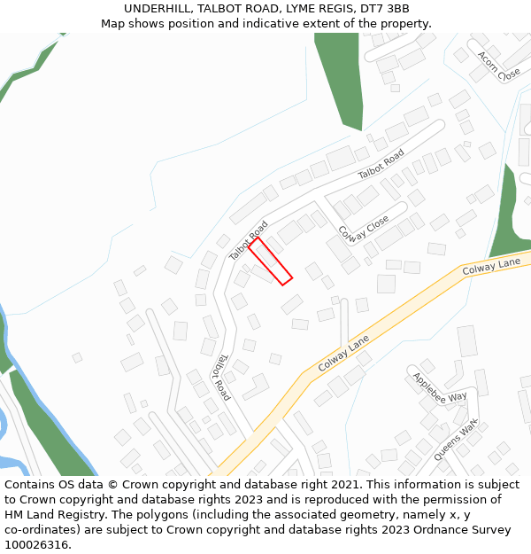UNDERHILL, TALBOT ROAD, LYME REGIS, DT7 3BB: Location map and indicative extent of plot