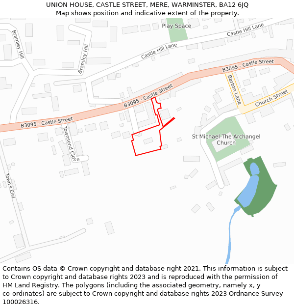 UNION HOUSE, CASTLE STREET, MERE, WARMINSTER, BA12 6JQ: Location map and indicative extent of plot