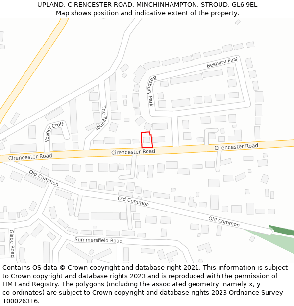 UPLAND, CIRENCESTER ROAD, MINCHINHAMPTON, STROUD, GL6 9EL: Location map and indicative extent of plot