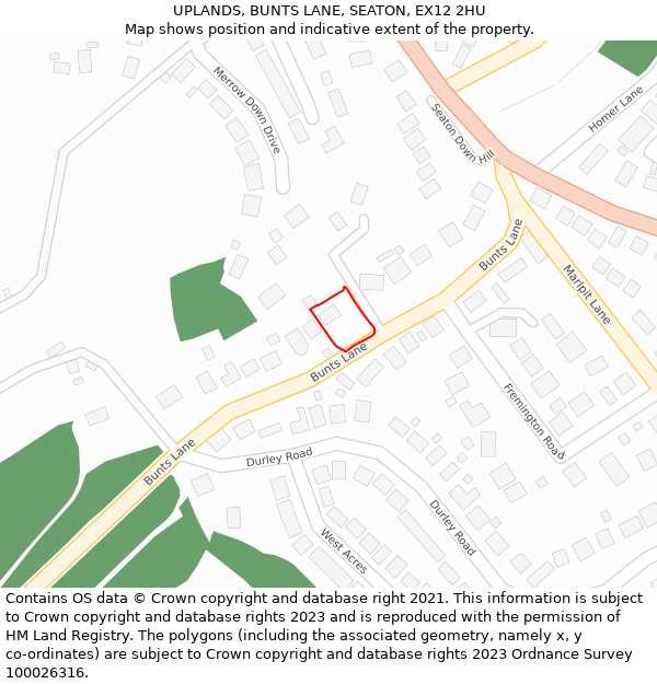 UPLANDS, BUNTS LANE, SEATON, EX12 2HU: Location map and indicative extent of plot