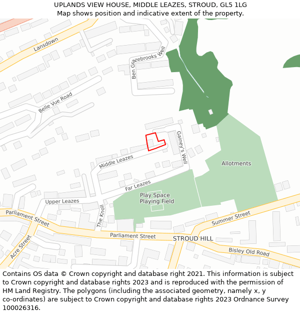 UPLANDS VIEW HOUSE, MIDDLE LEAZES, STROUD, GL5 1LG: Location map and indicative extent of plot
