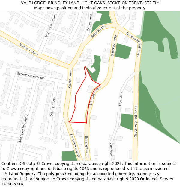 VALE LODGE, BRINDLEY LANE, LIGHT OAKS, STOKE-ON-TRENT, ST2 7LY: Location map and indicative extent of plot