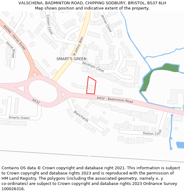 VALSCHENA, BADMINTON ROAD, CHIPPING SODBURY, BRISTOL, BS37 6LH: Location map and indicative extent of plot