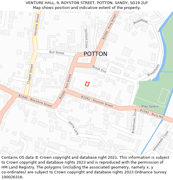 VENTURE HALL, 9, ROYSTON STREET, POTTON, SANDY, SG19 2LP: Location map and indicative extent of plot
