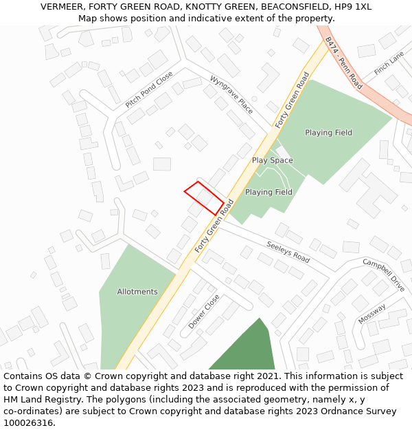 VERMEER, FORTY GREEN ROAD, KNOTTY GREEN, BEACONSFIELD, HP9 1XL: Location map and indicative extent of plot