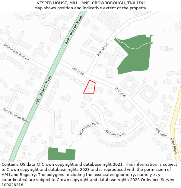VESPER HOUSE, MILL LANE, CROWBOROUGH, TN6 1DU: Location map and indicative extent of plot
