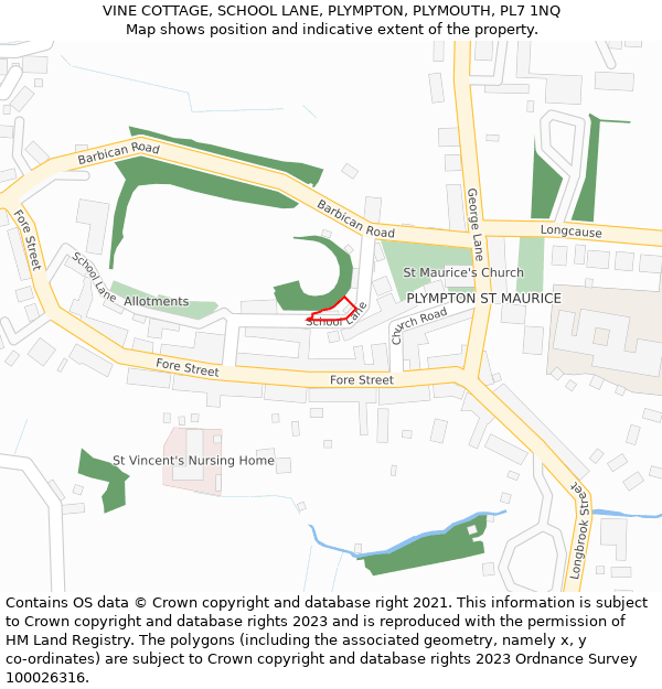 VINE COTTAGE, SCHOOL LANE, PLYMPTON, PLYMOUTH, PL7 1NQ: Location map and indicative extent of plot