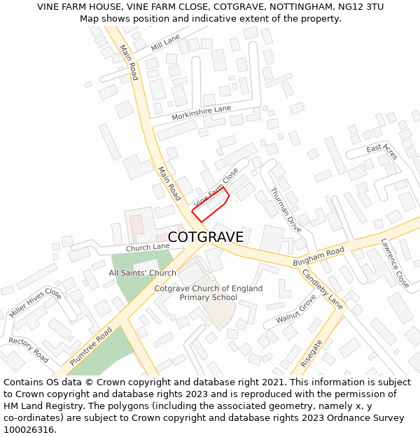 VINE FARM HOUSE, VINE FARM CLOSE, COTGRAVE, NOTTINGHAM, NG12 3TU: Location map and indicative extent of plot