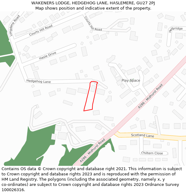 WAKENERS LODGE, HEDGEHOG LANE, HASLEMERE, GU27 2PJ: Location map and indicative extent of plot