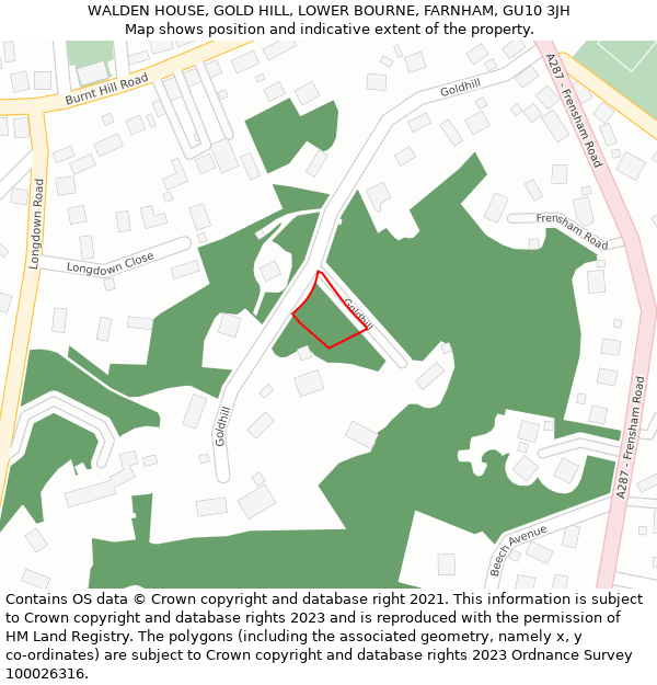 WALDEN HOUSE, GOLD HILL, LOWER BOURNE, FARNHAM, GU10 3JH: Location map and indicative extent of plot