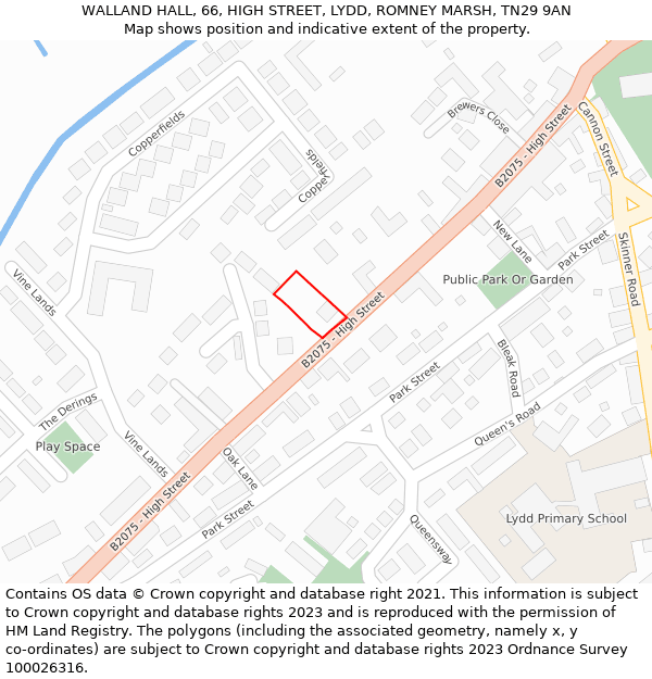 WALLAND HALL, 66, HIGH STREET, LYDD, ROMNEY MARSH, TN29 9AN: Location map and indicative extent of plot