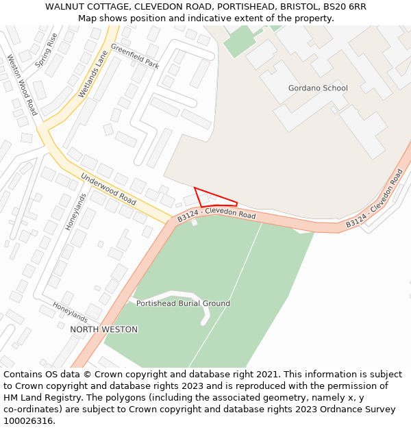WALNUT COTTAGE, CLEVEDON ROAD, PORTISHEAD, BRISTOL, BS20 6RR: Location map and indicative extent of plot