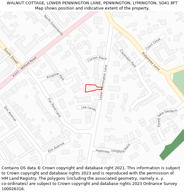 WALNUT COTTAGE, LOWER PENNINGTON LANE, PENNINGTON, LYMINGTON, SO41 8FT: Location map and indicative extent of plot